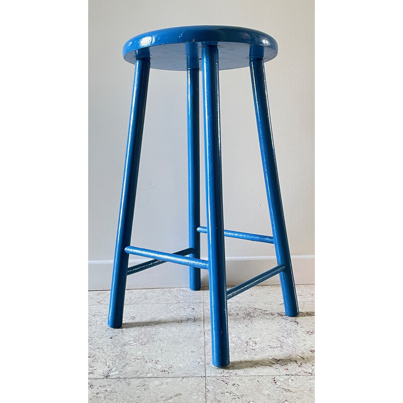 Vintage stool in electric blue lacquered wood