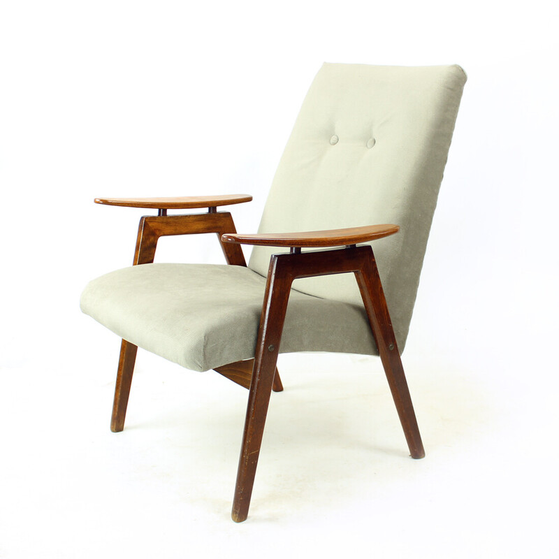 Fauteuil vintage en bois de chêne et velours gris pour Jitona, Tchécoslovaquie 1960