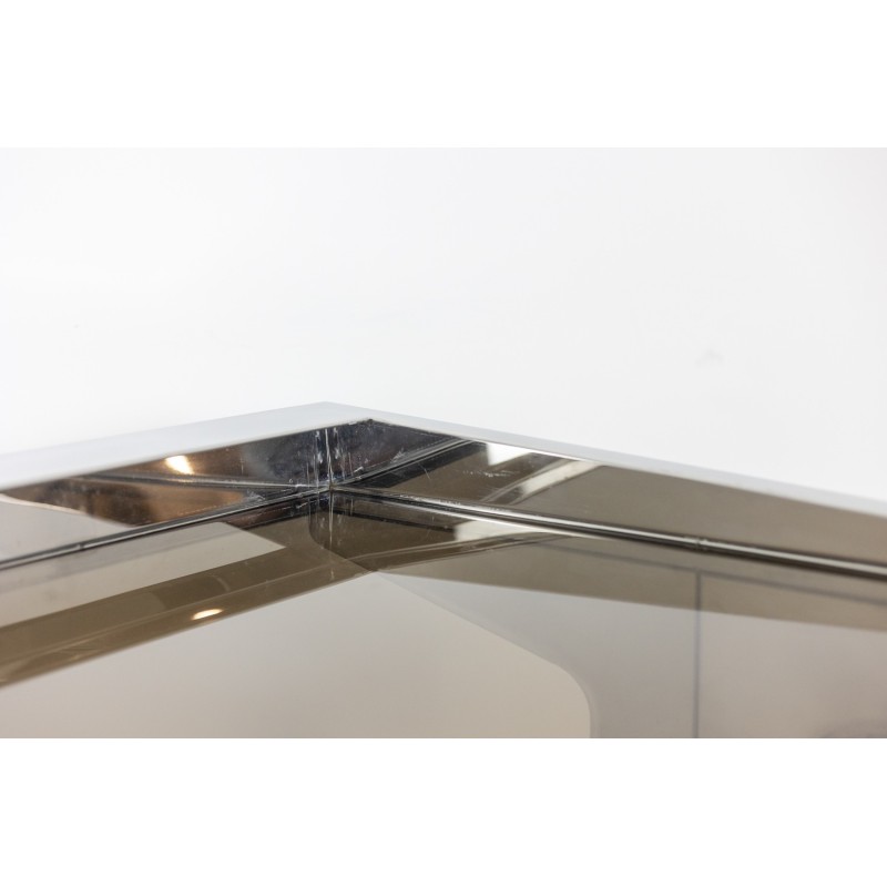 Vintage rectangular desk in polished metal and smoked glass, 1980