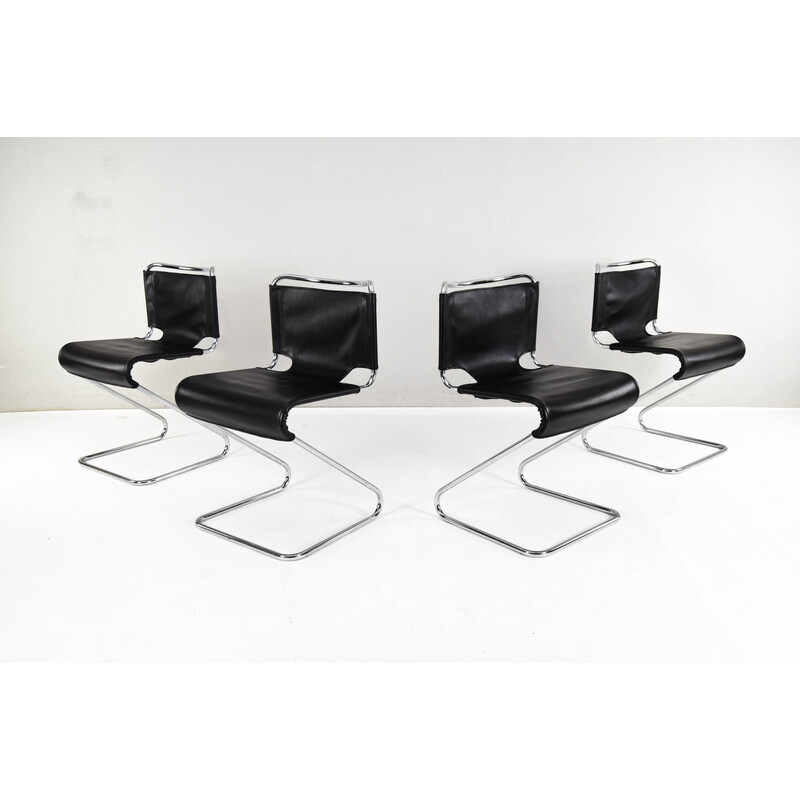 Set of 4 vintage Biscia stackable dining chairs in steel and leather, France 1970