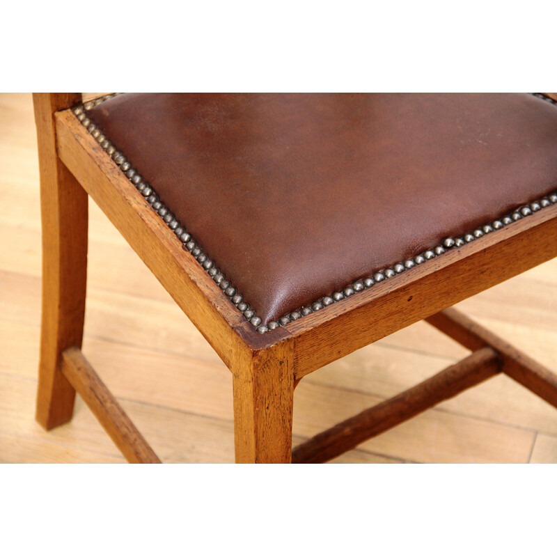 Set di 6 sedie da pranzo vintage in legno verniciato con sedute in pelle marrone