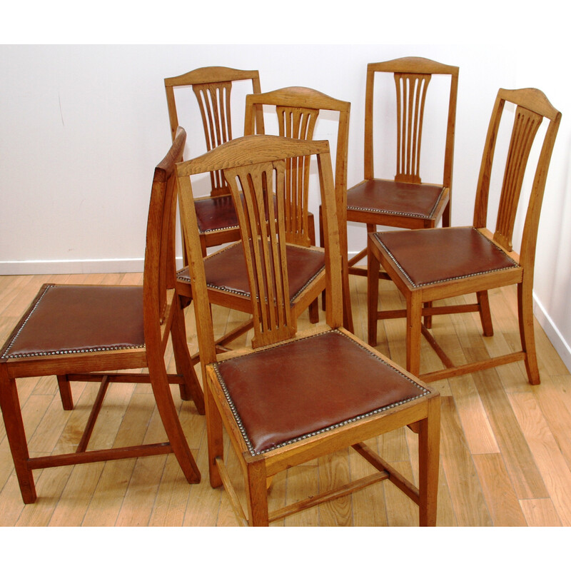 Set of 6 vintage dining chairs in varnished wood and brown leather seat