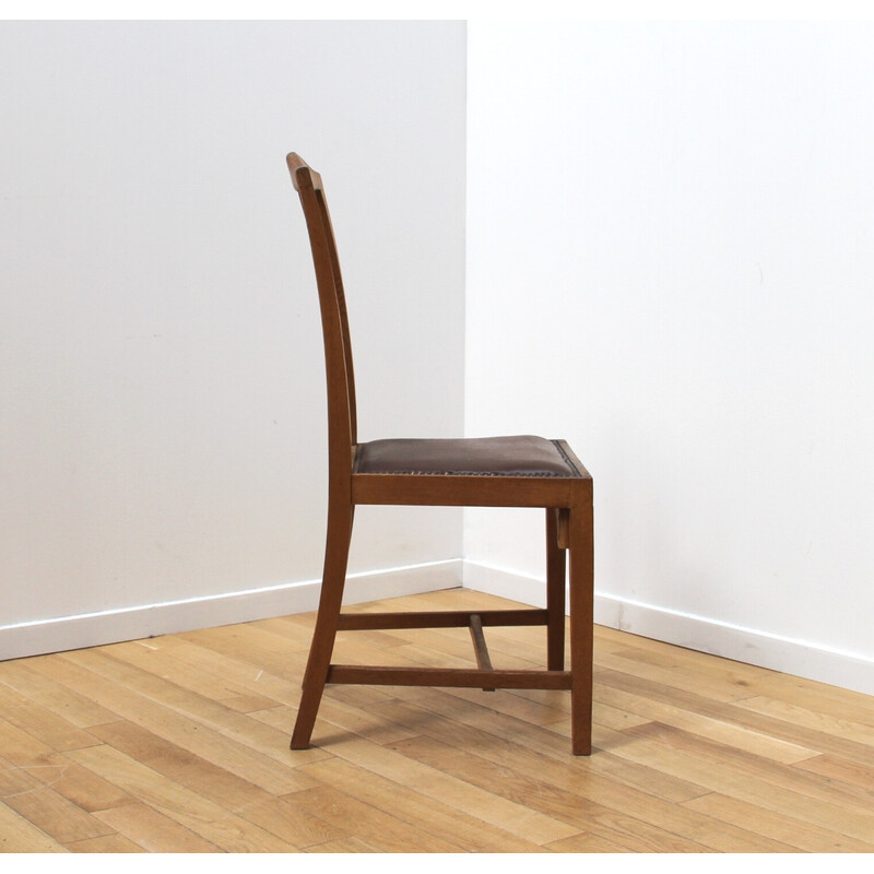 Conjunto de 6 cadeiras de jantar vintage em madeira envernizada com assentos em pele castanha