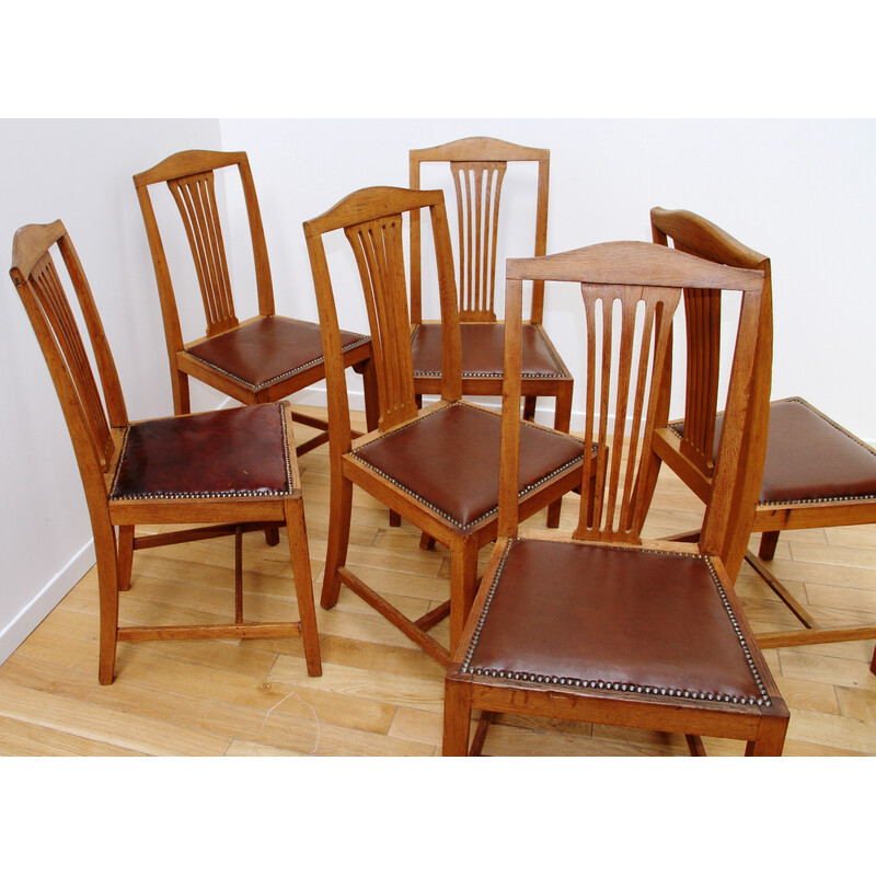 Set of 6 vintage dining chairs in varnished wood and brown leather seat