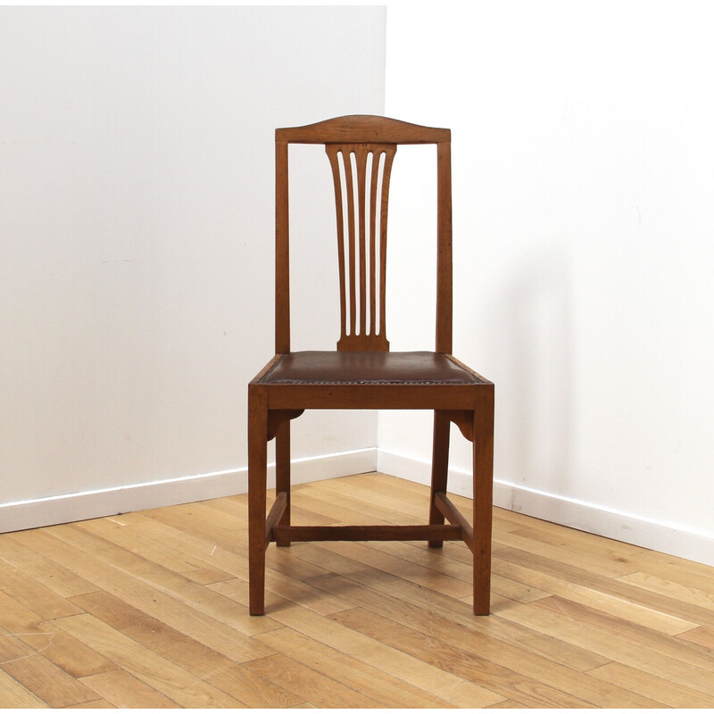 Juego de 6 sillas de comedor vintage de madera barnizada con asientos de cuero marrón