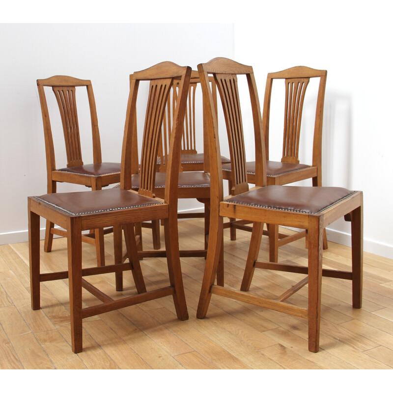Juego de 6 sillas de comedor vintage de madera barnizada con asientos de cuero marrón