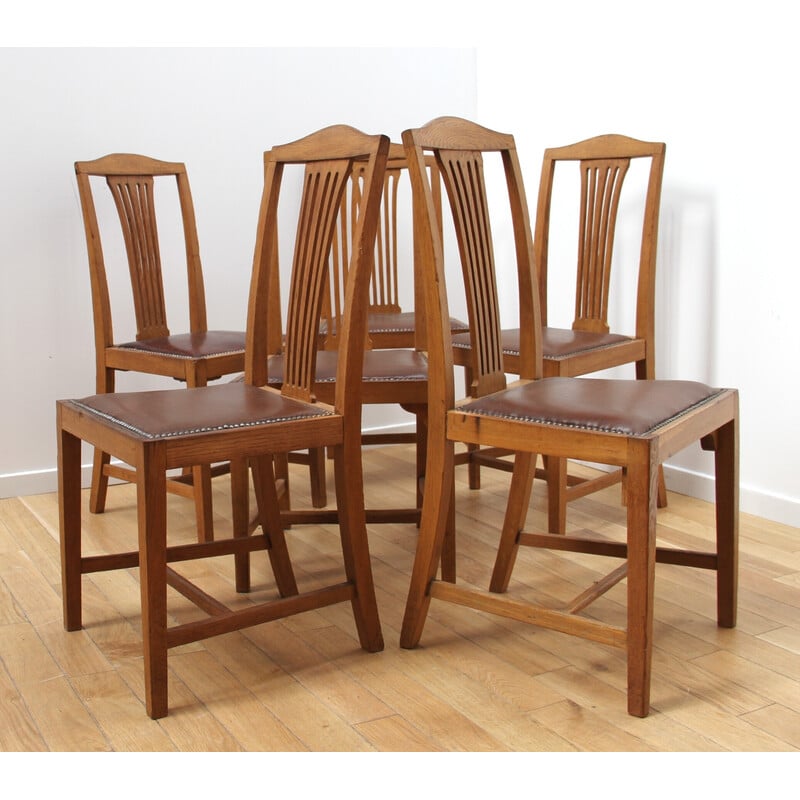 Set of 6 vintage dining chairs in varnished wood and brown leather seat