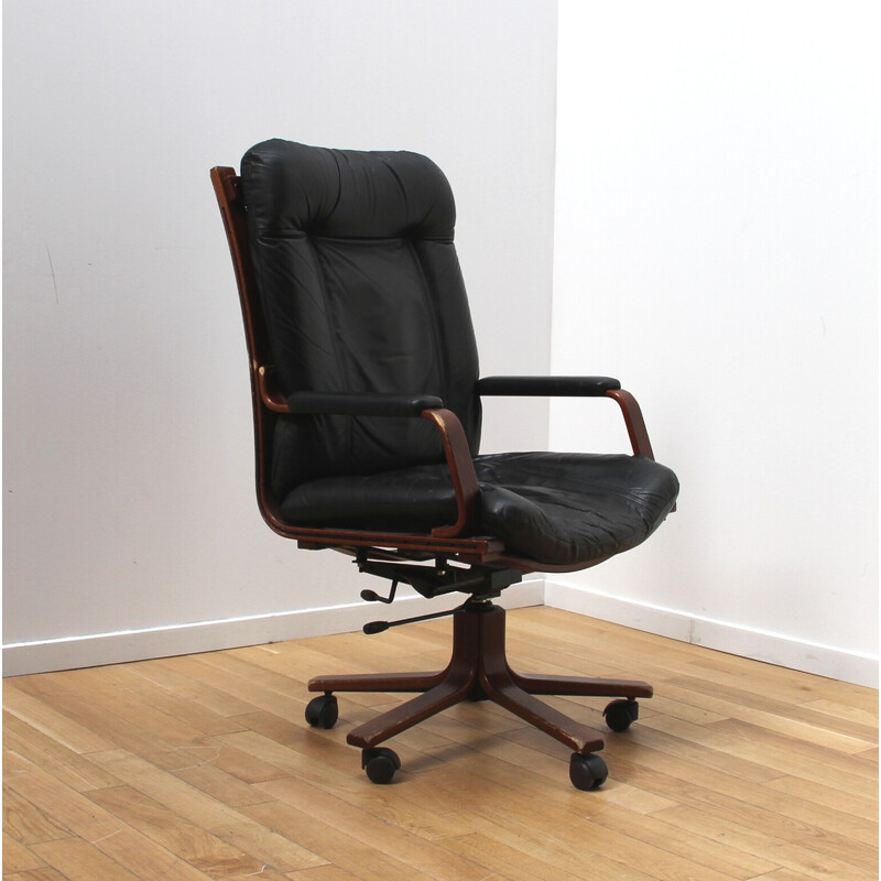 Cadeira de escritório vintage Cofemo em pele preta e madeira