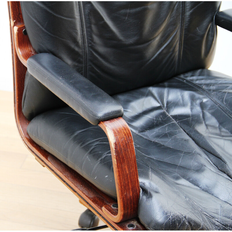 Cadeira de escritório vintage Cofemo em pele preta e madeira