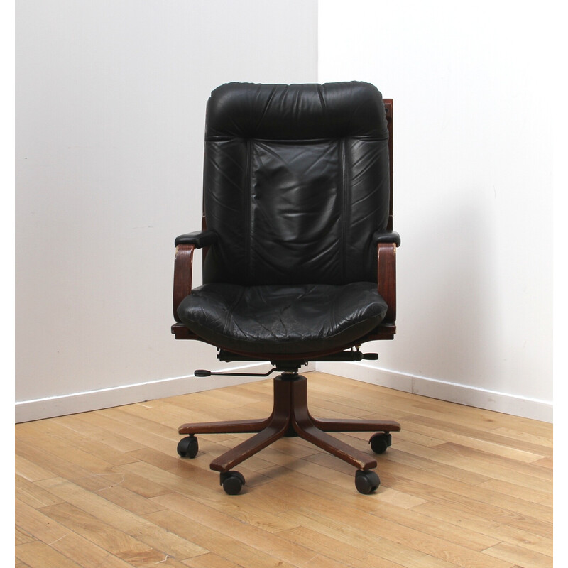 Vintage Cofemo office chair in wood and black leather