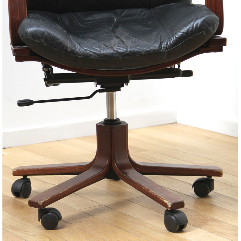Vintage Cofemo office chair in wood and black leather