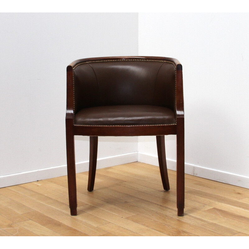 Paar vintage fauteuils in gelakt hout en bruin leer