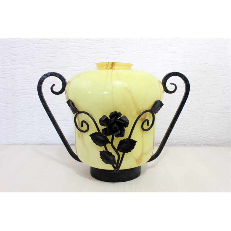 Vintage Art Nouveau vase in glass and iron, 1930