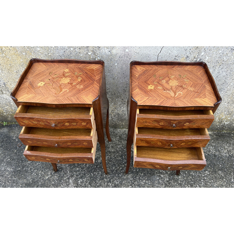 Paire de tables de chevet vintage en bois d’acajou et palissandre, France 1880