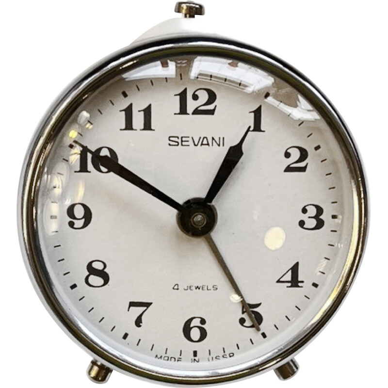 Vintage mechanical alarm clock in metal and glass for Sevani, Russia 1960