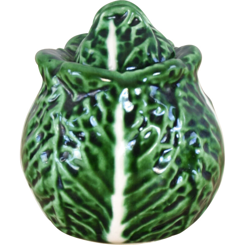 Vintage glazed ceramic cabbage leaf salt cellar by Bordallo Pinheiro, Portugal 1960