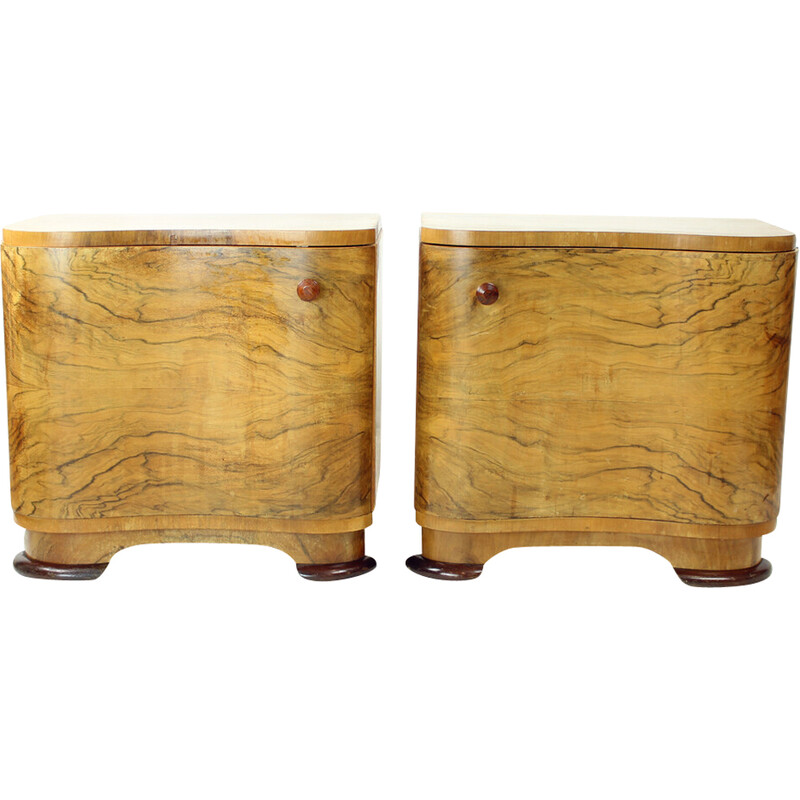 Pair of vintage Art Deco bedside tables in walnut veneer, Czechoslovakia 1940