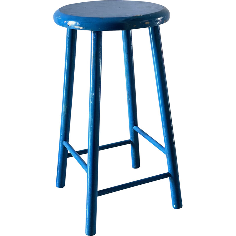 Tabouret vintage en bois laqué bleu électrique