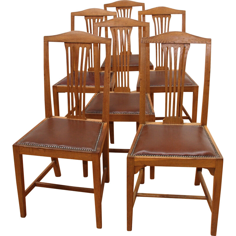 Conjunto de 6 cadeiras de jantar vintage em madeira envernizada com assentos em pele castanha