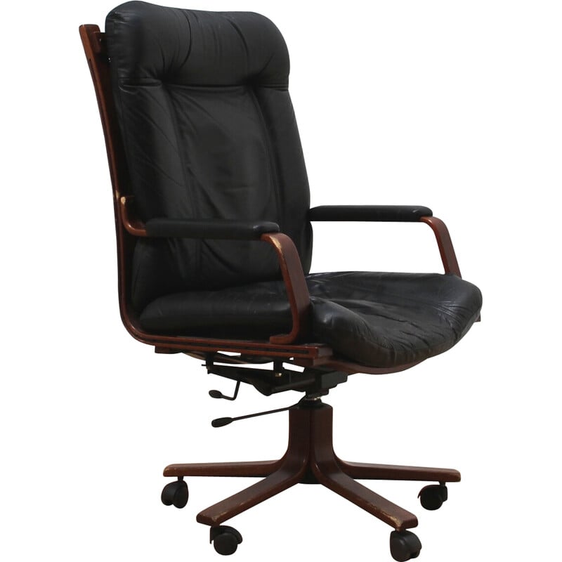 Vintage Cofemo office chair in wood and black leather