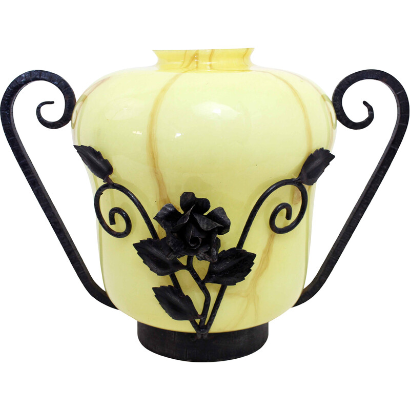Vase vintage Art Nouveau en verre et fer, 1930