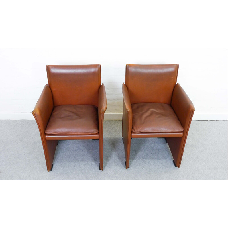 Pair of brown armchairs in leather by Mario Bellini for Cassina - 1970s