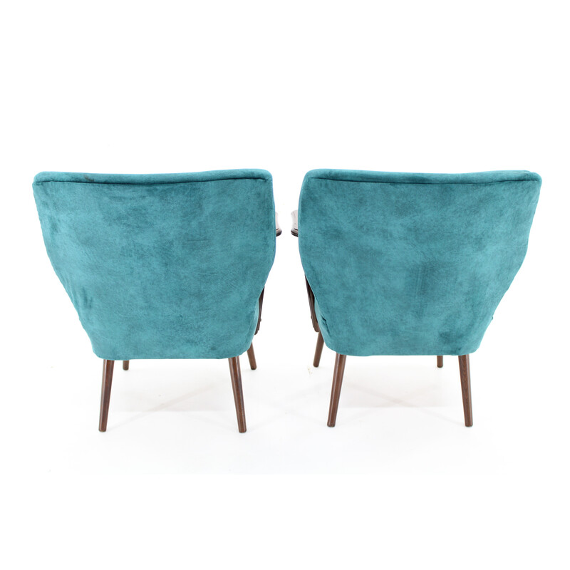 Pair of vintage beech and velvet armchairs, Czechoslovakia 1970