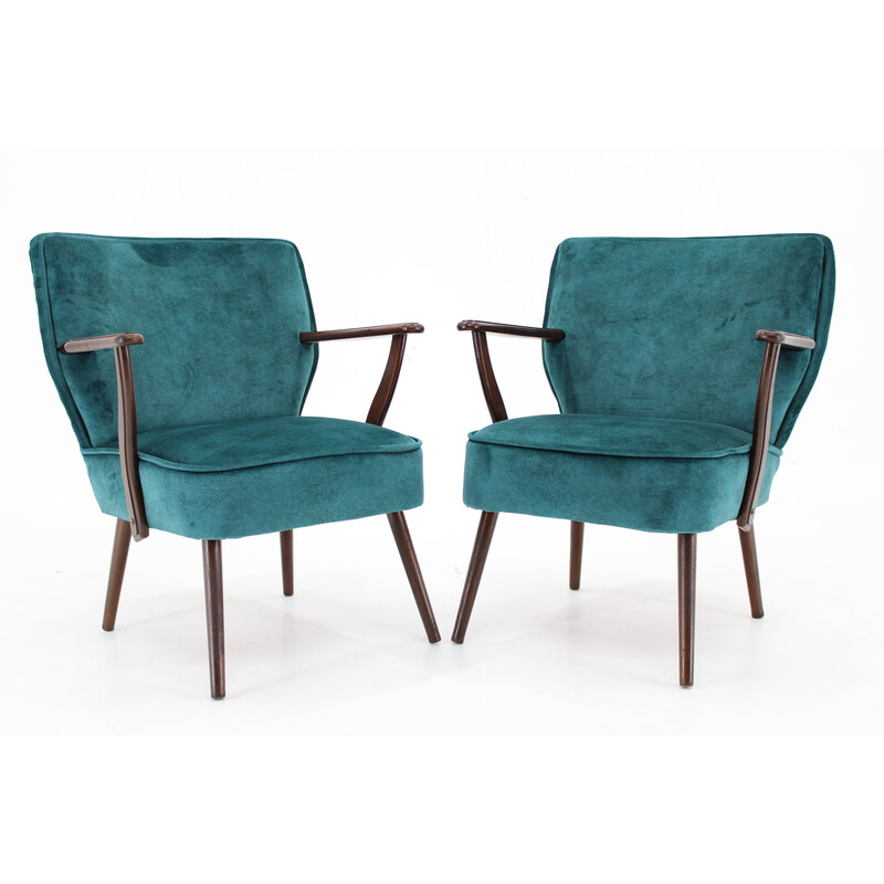 Pair of vintage beech and velvet armchairs, Czechoslovakia 1970