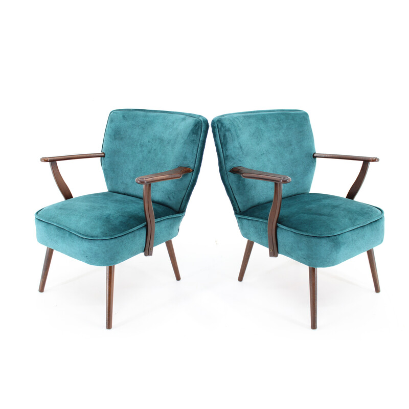 Pair of vintage beech and velvet armchairs, Czechoslovakia 1970
