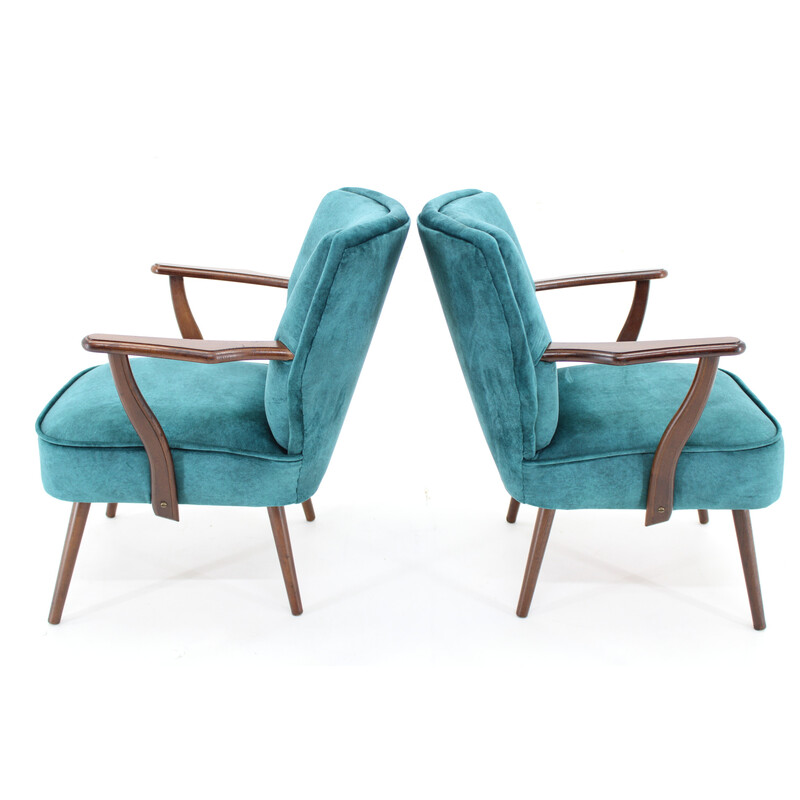 Pair of vintage beech and velvet armchairs, Czechoslovakia 1970