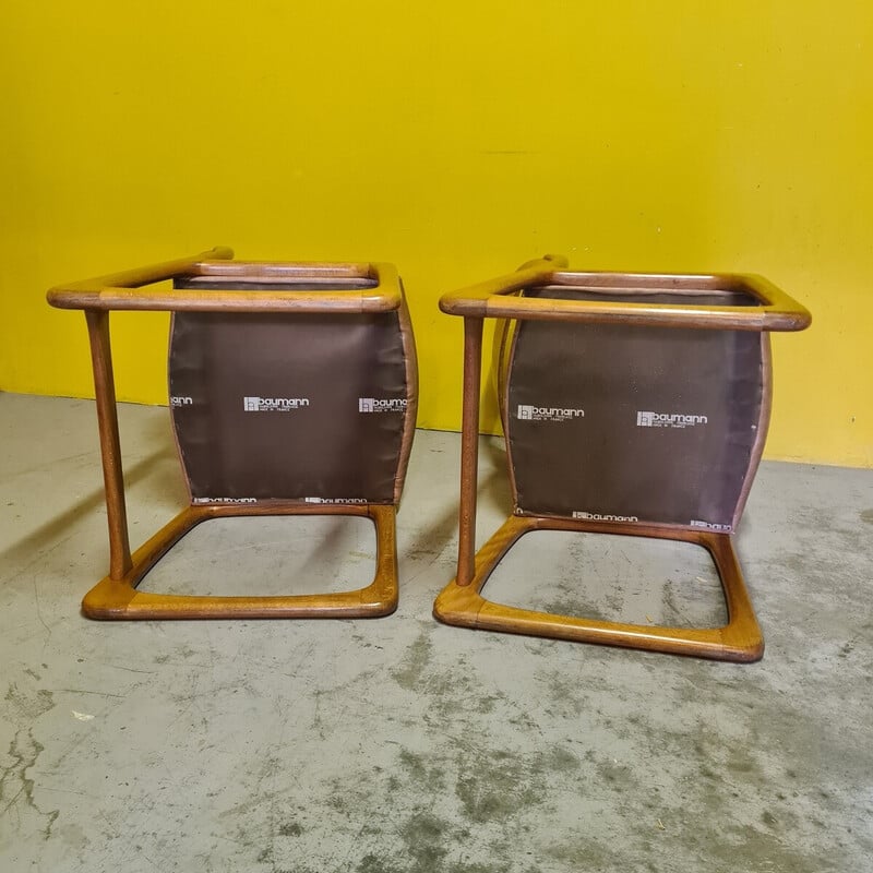 Pair of vintage beech and faux leather dining chairs by Emile and Walter Baumann, 1960