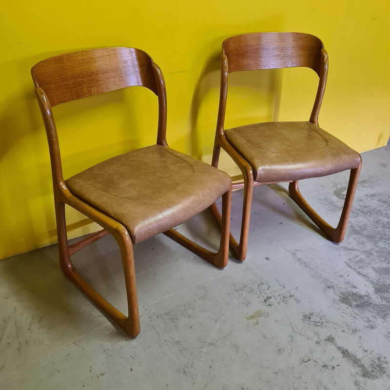 Pair of vintage beech and faux leather dining chairs by Emile and Walter Baumann, 1960