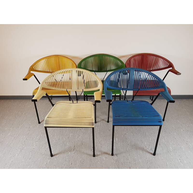Set of 5 multicolored easy chairs in plastics and metal - 1960s