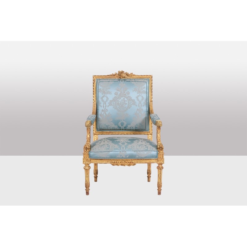 Pair of vintage "Marie-Antoinette" armchairs in gilded and carved wood, 1880