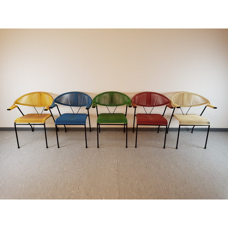 Set of 5 multicolored easy chairs in plastics and metal - 1960s