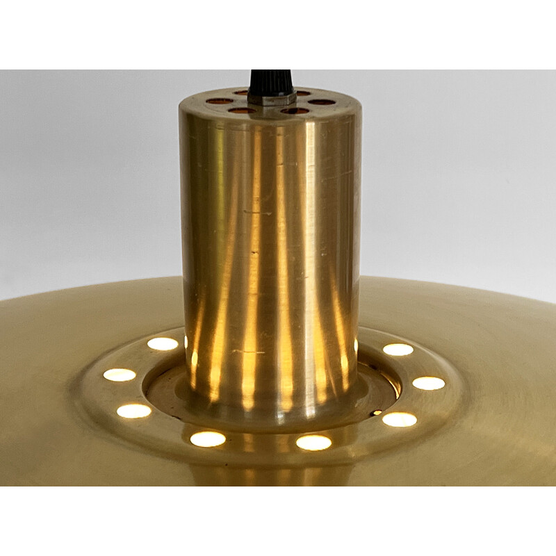 Vintage "Model 920" pendant lamp in brushed gold aluminum by Erik Jensen for Teknika Mekaniske. Denmark 1960