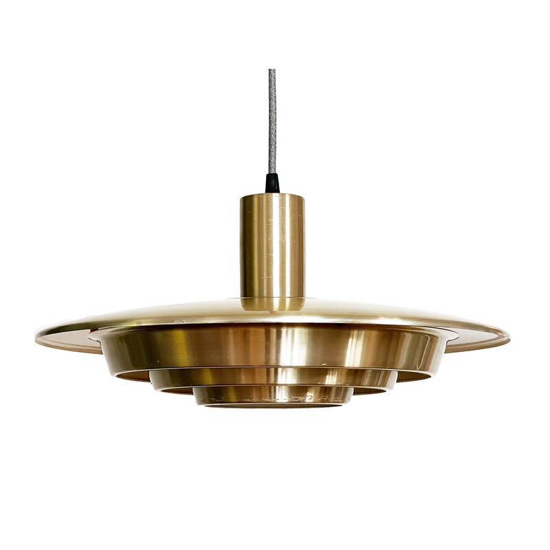 Vintage "Model 920" pendant lamp in brushed gold aluminum by Erik Jensen for Teknika Mekaniske. Denmark 1960