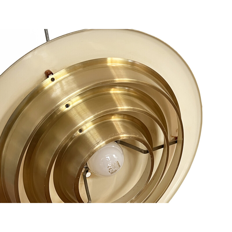 Vintage "Model 920" pendant lamp in brushed gold aluminum by Erik Jensen for Teknika Mekaniske. Denmark 1960