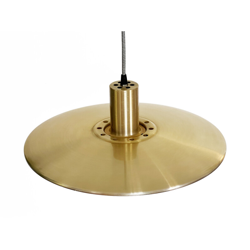 Vintage "Model 920" pendant lamp in brushed gold aluminum by Erik Jensen for Teknika Mekaniske. Denmark 1960