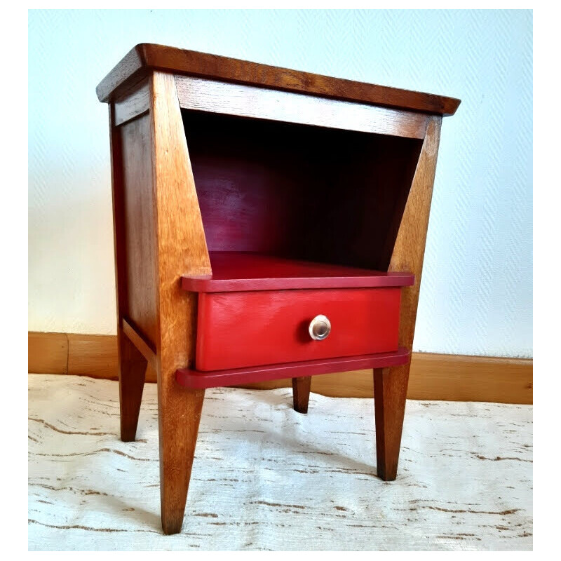 Vintage Art Deco bedside table in raspberry painted wood