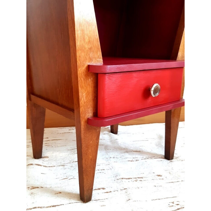 Vintage Art Deco Nachttisch aus Holz, himbeerfarben bemalt