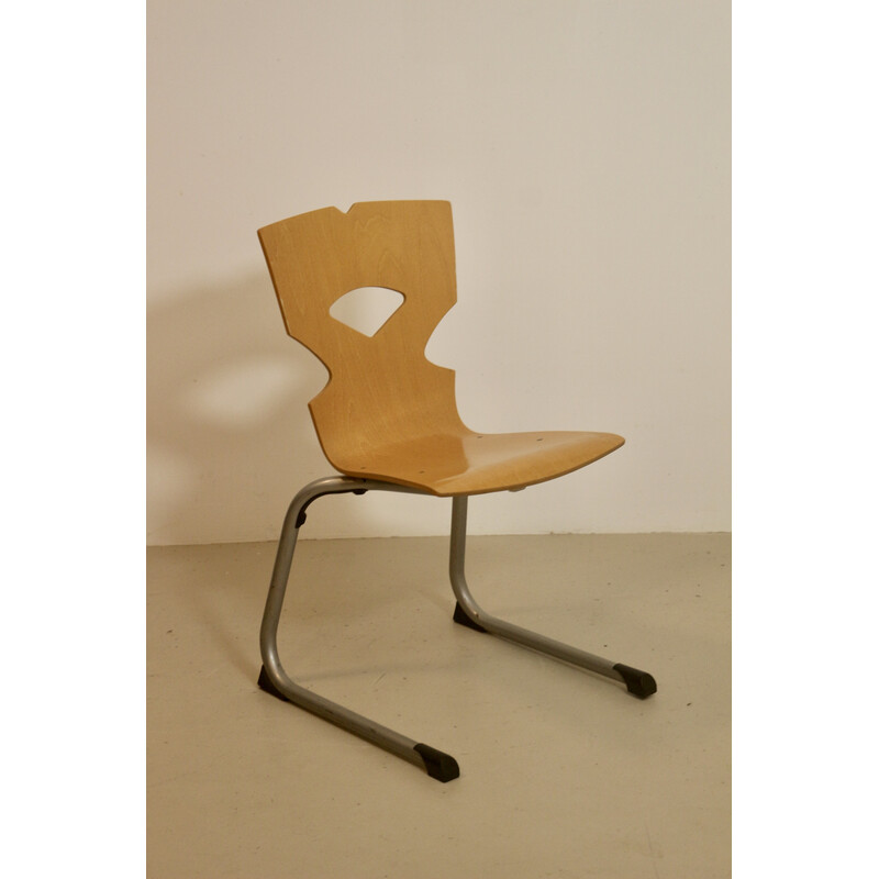 Satz von 4 Vintage-Kantinenstühlen aus Holz und Aluminium, 1990