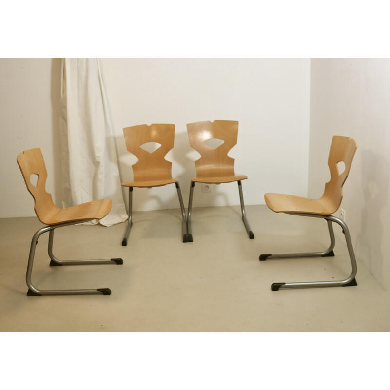Juego de 4 sillas de comedor vintage en madera y aluminio, 1990