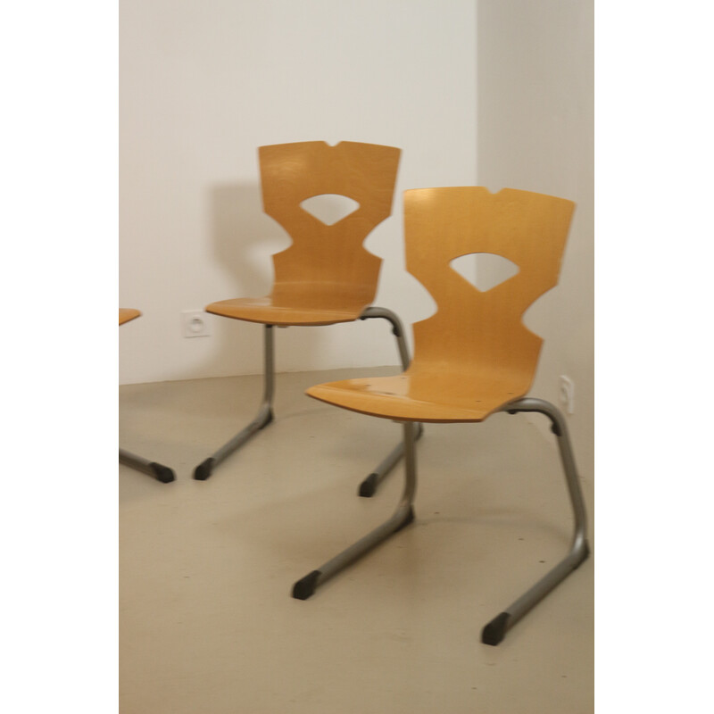 Set of 4 vintage canteen chairs in wood and aluminum, 1990
