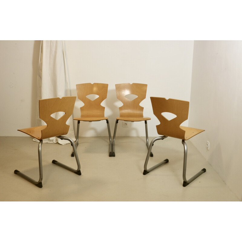 Lot de 4 chaises de cantine vintage en bois et aluminium, 1990