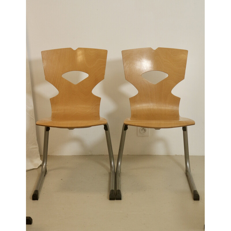 Set of 4 vintage canteen chairs in wood and aluminum, 1990