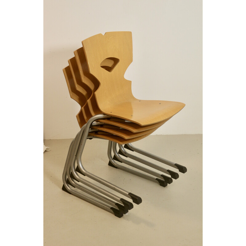 Lot de 4 chaises de cantine vintage en bois et aluminium, 1990