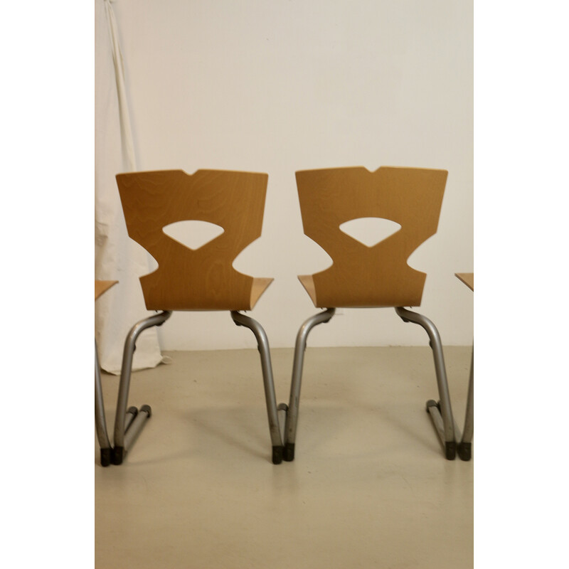 Conjunto de 4 cadeiras de cantina vintage em madeira e alumínio, 1990