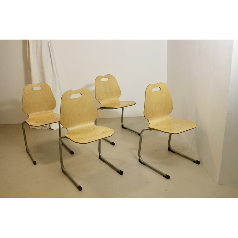 Conjunto de 4 cadeiras de cantina vintage empilháveis em madeira e alumínio, 1990