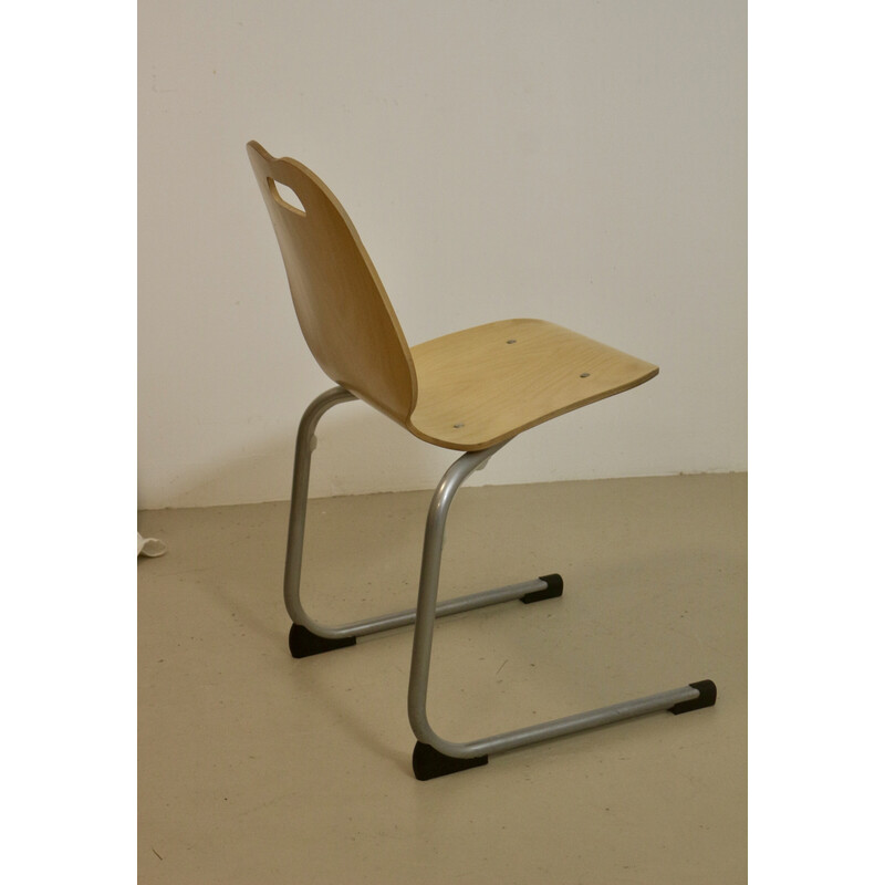 Conjunto de 4 cadeiras de cantina vintage empilháveis em madeira e alumínio, 1990